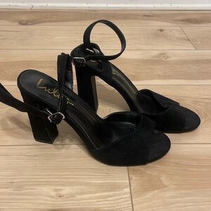 Lulu Black Faux Suede Ankle Wrap Heels Size 9